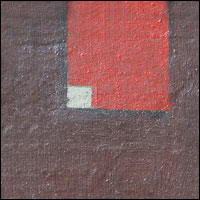 Piros négyszög és kőtömb barna alapon